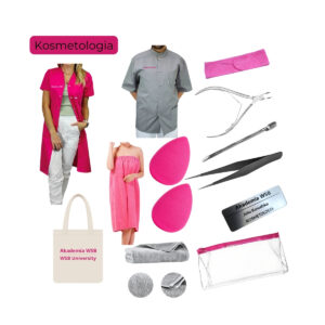 Kosmetologia Wyprawka (Fartuch z logo AWSB, Torba bawełniana, Identyfikator, opaska frotte, cążki, pusher, pęseta, gąbka blender, peleryna frotte, ręcznik 50x 100, ręcznik 70 x 140, kosmetyczka)