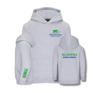 Bluza z kapturem - logo małe + duże + imię lub "ksywka" na ramieniu. Prywatne LO i SP im. Marii Skłodowskiej-Curie - trwały nadruk